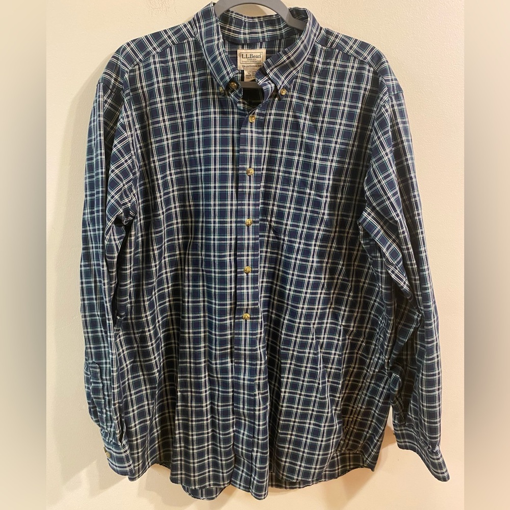 Mens L.L. Bean Kennebunk‎ Sport Shirt Button Down Green Blue Plaid Size XL Tall